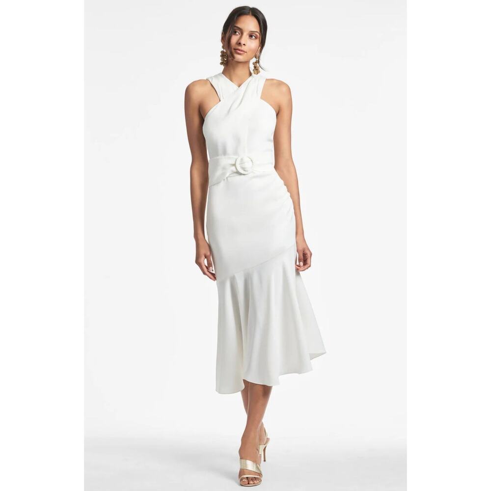 Sachin & Babi Naomi Dress Womens 8 Ivory Halter Ruched Belted Flounce NWT